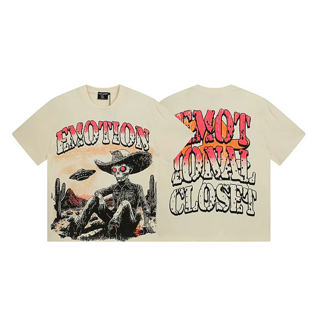 Mixed Emotion Cream Tee – Western Skull Cowboy Print Hover Image