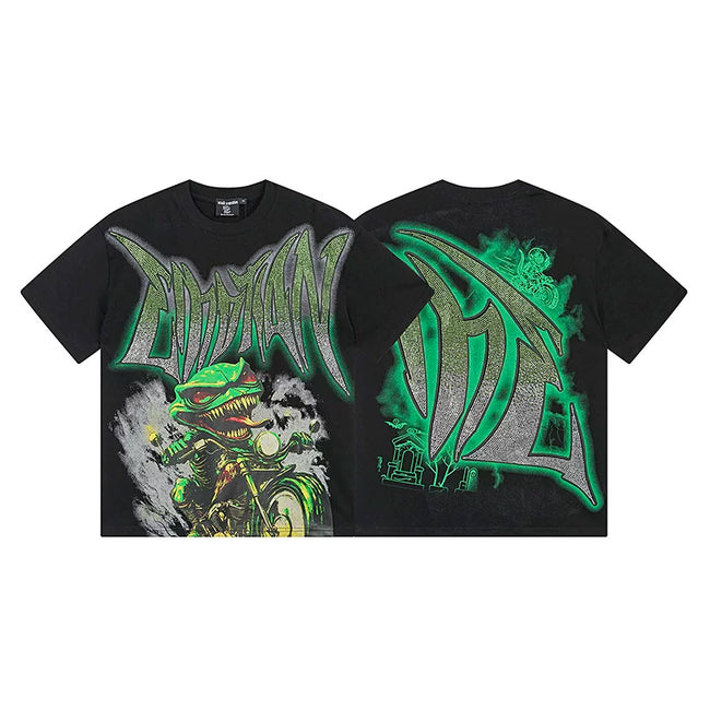 Mixed Emotion Black Tee – Graffiti Green Lizard Biker Print Hover Image