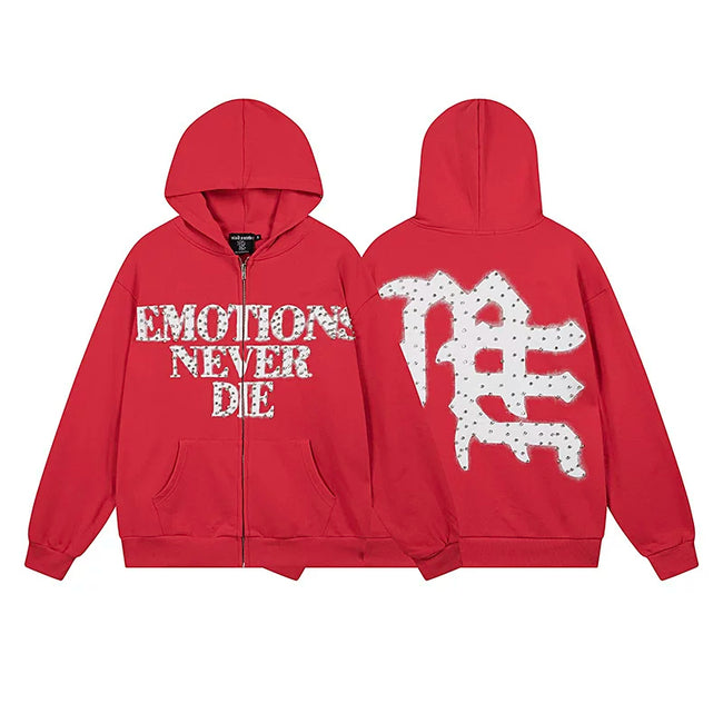 Mixed Emotion Emotions Never Die Rhinestone‑Effect Zip‑Up Hoodie Hover Image