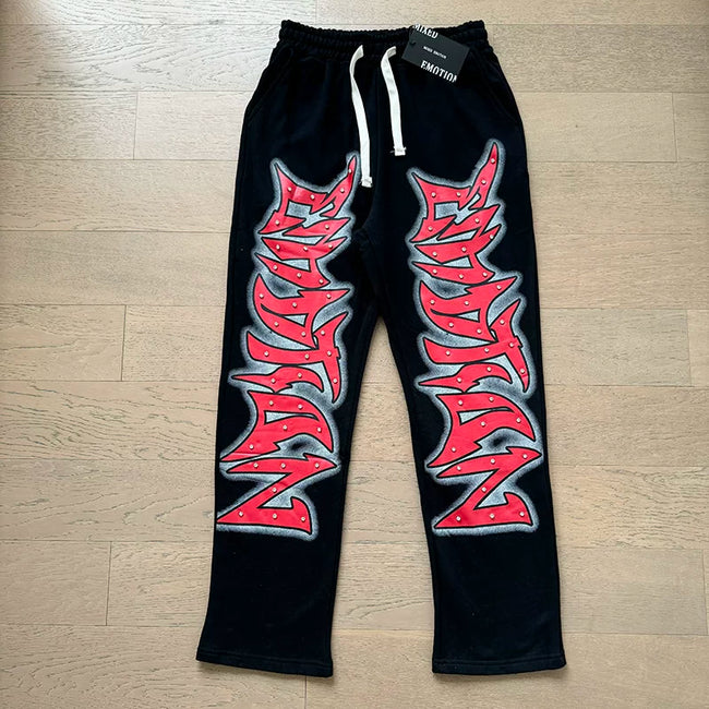 Mixed Emotion Studded Graphic Straight‑Leg Sweatpants Hover Image