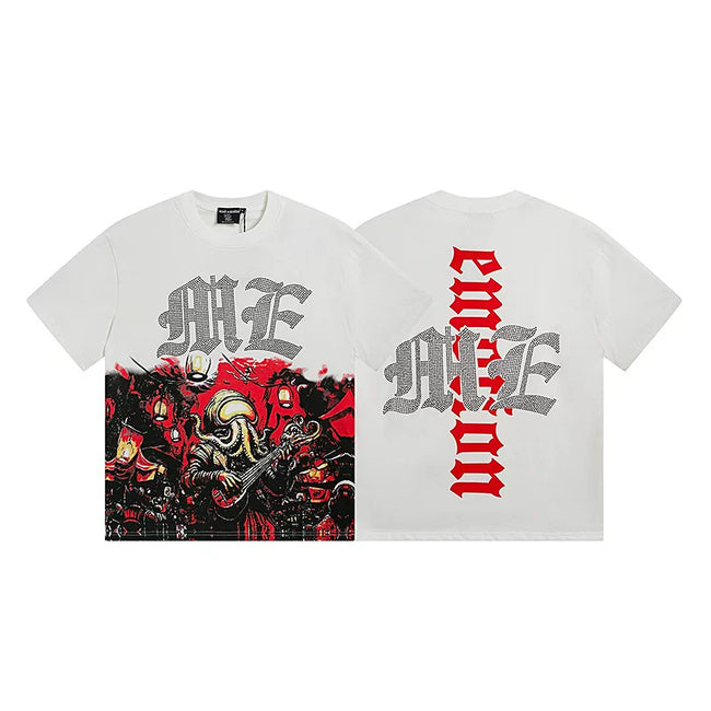 Mixed Emotion White Tee – Red Gothic Cross Cthulhu Print Hover Image