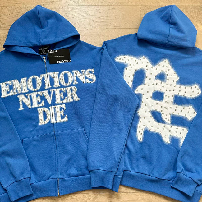 Mixed Emotion Blue Zip Hoodie – White Studded Emotions Never Die Print Hover Image