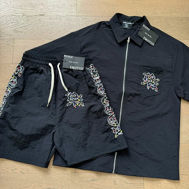 Mixed Emotion Rhinestone Graphic Zip‑Up Shirt & Shorts Set Hover Image